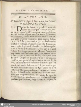 Chapitre XXII. De la maniere d'essayer le Cuivre noir pour sçavoir ce qu'il tient de Cuivre pur
