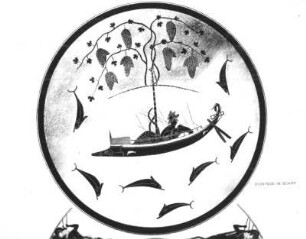 Trinkschale, Dionysos im Schiff, Unterseite: Augen und Kampfszenen
