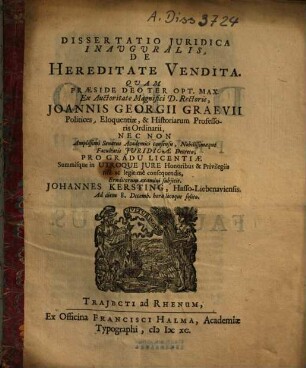 Dissertatio Iuridica Inauguralis, De Hereditate Vendita