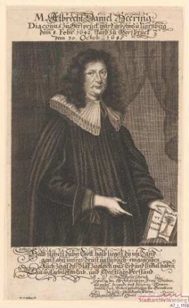 Albrecht Daniel Heering, Diakon zu Hersbruck; geb. 8. Februar 1642; gest. 30. Oktober 1685