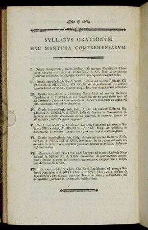 Syllabus orationum hac mantissa comprehensarum.