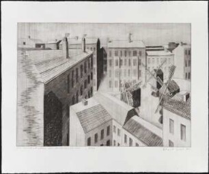 Radierung des Künstlers Erhard Groß, Titel: Im Windschatten der Mietskasernen, Ed. 4/30, 1991
