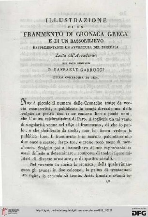 4: Illustrazione di un frammento di cronaca greca e di un bassorilievo rappresentante un avventura del Bucefala : letta all'Academia