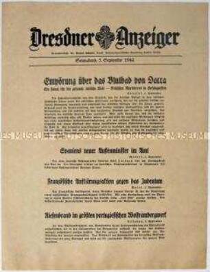 Nachrichtenblatt "Dresdner Anzeiger" u.a. zu Unruhen in Indien