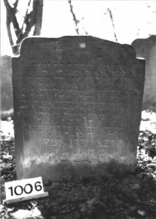 Grabstein 1006 (Index: 99899579) Material: Sandstein Zustand: unten verwittert Maße HxBxT: 90x75x7 cm Beschreibung: Stele mit flachem, eingezogenem Schulterbogenabschluss, im Bogenfeld hängende Blüte Symbolik: Blüte: Grabstein 1006