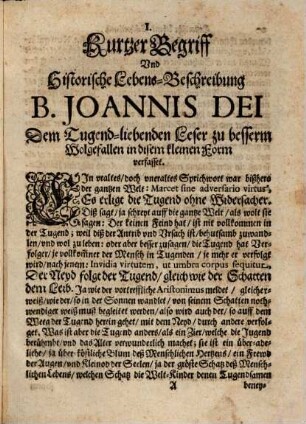 Das Leben, Todt vnd Wunderwerck deß Sel. Joannis Dei Stiffters deß heiligen Ordens Frat. Misericordiae Oder der Barmhertzigen