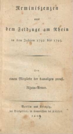 Reminiszenzen aus dem Feldzuge am Rhein : in den Jahren 1792 - 1795
