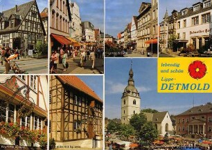 Postkarte: lebendig und schön Lippe-Detmold. Lange Straße, Krumme Straße, Ameide mit Spieker, Markt mit Ref. Kirche und Rathaus