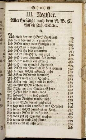 III. Register. Aller Gesänge nach dem A.B.C. Auf die Zahl-Blätter.