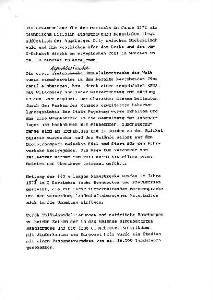 Hansjakob, Gottfried; Augsburg - Spickel, Am Eiskanal 30A; Kanuslalom Olympiastrecke, Freiflächengestaltung - Typoskript: Beschreibung der Gesamtanlage