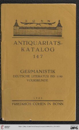 Nr. 147: Antiquariatskatalog / Friedrich Cohen, Buchhandlung und Antiquariat
