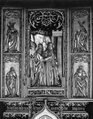 Flügelaltar mit Mariä Heimsuchung. Holz, gefasst (polychrom), bemalt (polychrom) (1502). Langenwang (Mürzzuschlag), Kapelle Mariä Heimsuchung : Flügelaltar mit Mariä Heimsuchung
