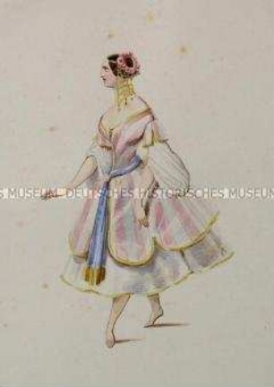Frau in rosa-weißem Kleid, blauer Schärpe und Blütenkranz im Haar - Tafel aus Franceschini/Kostümbilder (Kassette 1)