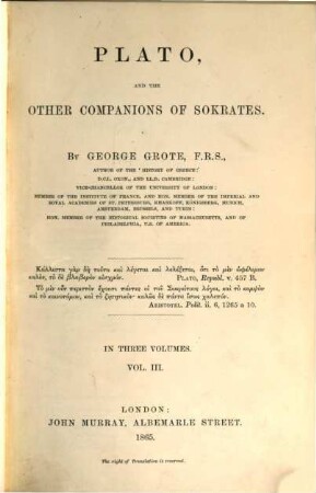Plato, and the other companions of Sokrates : in three volumes, 3