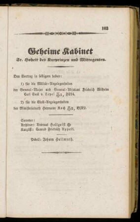 Geheime Kabinet Sr. Hoheit des Kurprinzen und Mitregenten.
