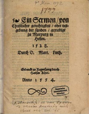 Ein Sermon von Christlicher gerechtigkeit, odder vergebung der sunden