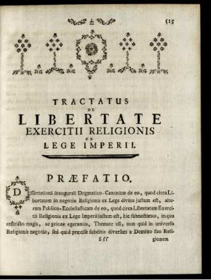Tractatus De Libertate Exercitii Religionis Ex Lege Imperii.