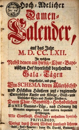Hochadelicher Damen-Kalender. 1762