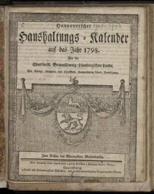 1798: Hannoverscher Haushaltungs-Kalender auf das Jahr 1798