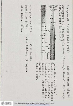 Ouverture a 2 Violin. Viola. Oboe d'Amore / e Cembalo. Chr: Graupner.