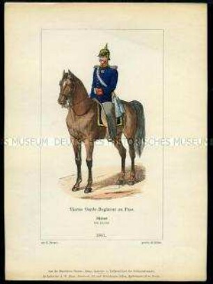 Uniformdarstellung, Adjutant des 4. Garde-Regiments zu Fuß beim Exerzieren zu Pferd, Preußen, 1861. Aus: Der Soldatenfreund.