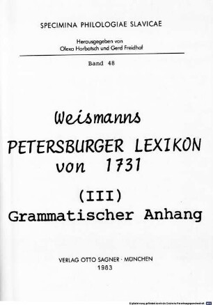 Weismanns Petersburger Lexikon von 1731. 3, Grammatischer Anhang