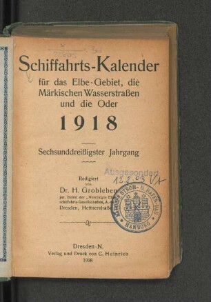 36.1918: Schiffahrts-Kalender für das Elbe-Gebiet und die Märkischen Wasserstrassen