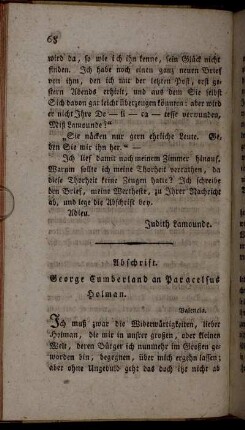 Abschrift. George Cumberland an Paracelsus Holman. - Miß Lamounde an Fräulein Thurl.