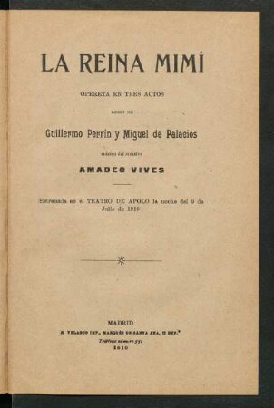La reina Mimí : opereta en tres actos