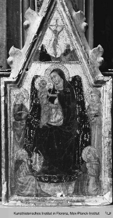 Maestà mit Katharina von Alexandrien, Antonius Abbas, Stephanus und Antonius von Padua, im Giebel: Kreuzigung