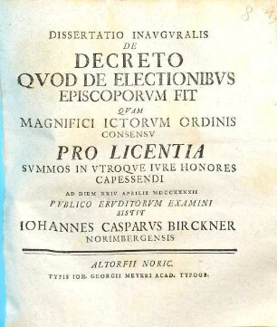 Dissertatio Inavgvralis De Decreto Qvod De Electionibvs Episcoporvm fit