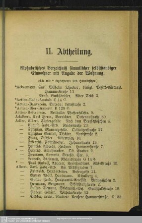 II. Abtheilung. Einwohnerverzeichnis : II. Abtheilung. Alphabetisches Verzeichniß sämmtlicher selbständiger Einwohner mit Angabe der Wohnung
