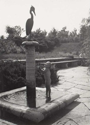 Leipzig, Richard-Wagner-Hain : Leipzig. Richard-Wagner-Hain. Stockbrunnen mit Kormoran (Vogeltränkebrunnen). Stein