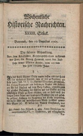 XXXIII. Stück. Bayreuth, den 12 Augustus 1767.