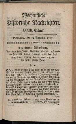 XXXIII. Stück. Bayreuth, den 12 Augustus 1767.