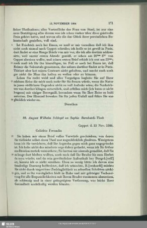 August Wilhelm von Schlegel an Sophie Bernhardi, Coppet, 13.11.1804