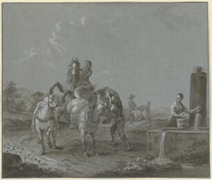 Knabe auf einem sich bäumenden Pferd, davor ein Knecht mit zwei Pferden, rechts eine junge Frau mit einem Eimer am Brunnen