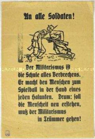 Illustriertes Flugblatt mit pazifistischer Friedenspropaganda
