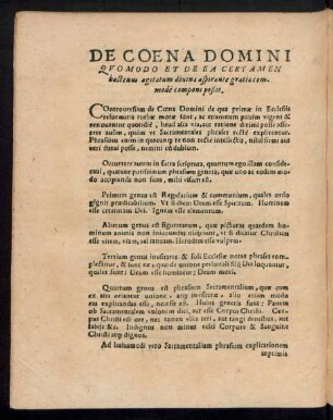 De Coena Domini Quomodo Et De Ea Certamen hactenus agitatum divina aspirante gratia commode componi poßit.