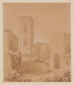 Der Dom San Pantaleon in Ravello mit Torturm der Villa Rufulo [aus einem Konvolut von 107 Blatt Architekturstudien und Skizzen einer Italienreise]