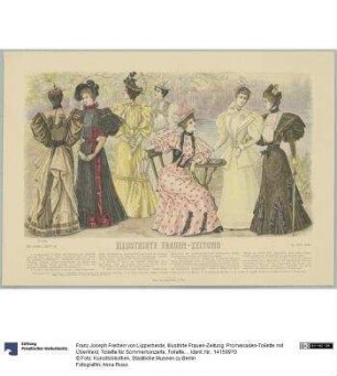 Illustrirte Frauen-Zeitung: Promenaden-Toilette mit Überkleid, Toilette für Sommerkonzerte, Toilette mit reicher Schleifen-Garnitur