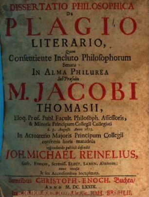 Dissertatio Philosophica De Plagio Literario