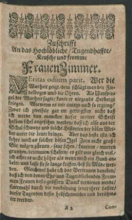 Zuschrifft An das Hochlöbliche/ Tugendhaffte/ Keusche und fromme FrauenZimmer.
