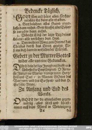 Gebett zu der Mutter Gottes wider alle unreine Gedancken.