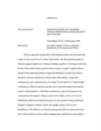 Divided we Stand, but United we Oppose? Opposition Alliances in Egypt and Pakistan