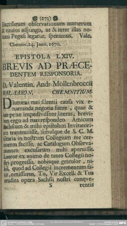 Epistola LXIV. Brevis Ad Praecedentem Responsoria. D. Valentin. Andr. Mollenbroccii Hal. Saxon. Chemnitium