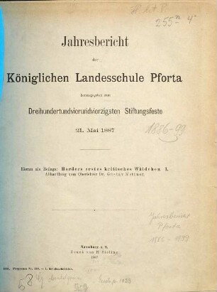 Jahresbericht der Königlichen Landesschule Pforta : herausgegeben zum ... Stiftungsfeste .... 1886/87