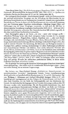 Die Erhebung gegen Napoleon 1806 - 1814/15, Hans-Bernd Spies (Hrsg.), (Quellen zum politischen Denken der Deutschen im 19. und 20. Jahrhundert, 2) : Darmstadt, Wissenschaftliche Buchgesellschaft, 1981