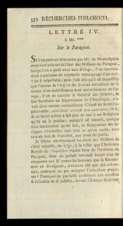 Lettre IV. a Mr. *** Sur le Paraguai.