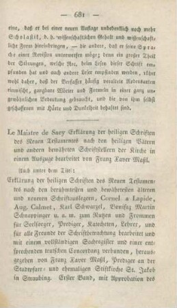681-693 [Rezension] Le Maistre de Sacy, Isaac-Louis; Erklärung der Heiligen Schriften des Neuen Testamentes